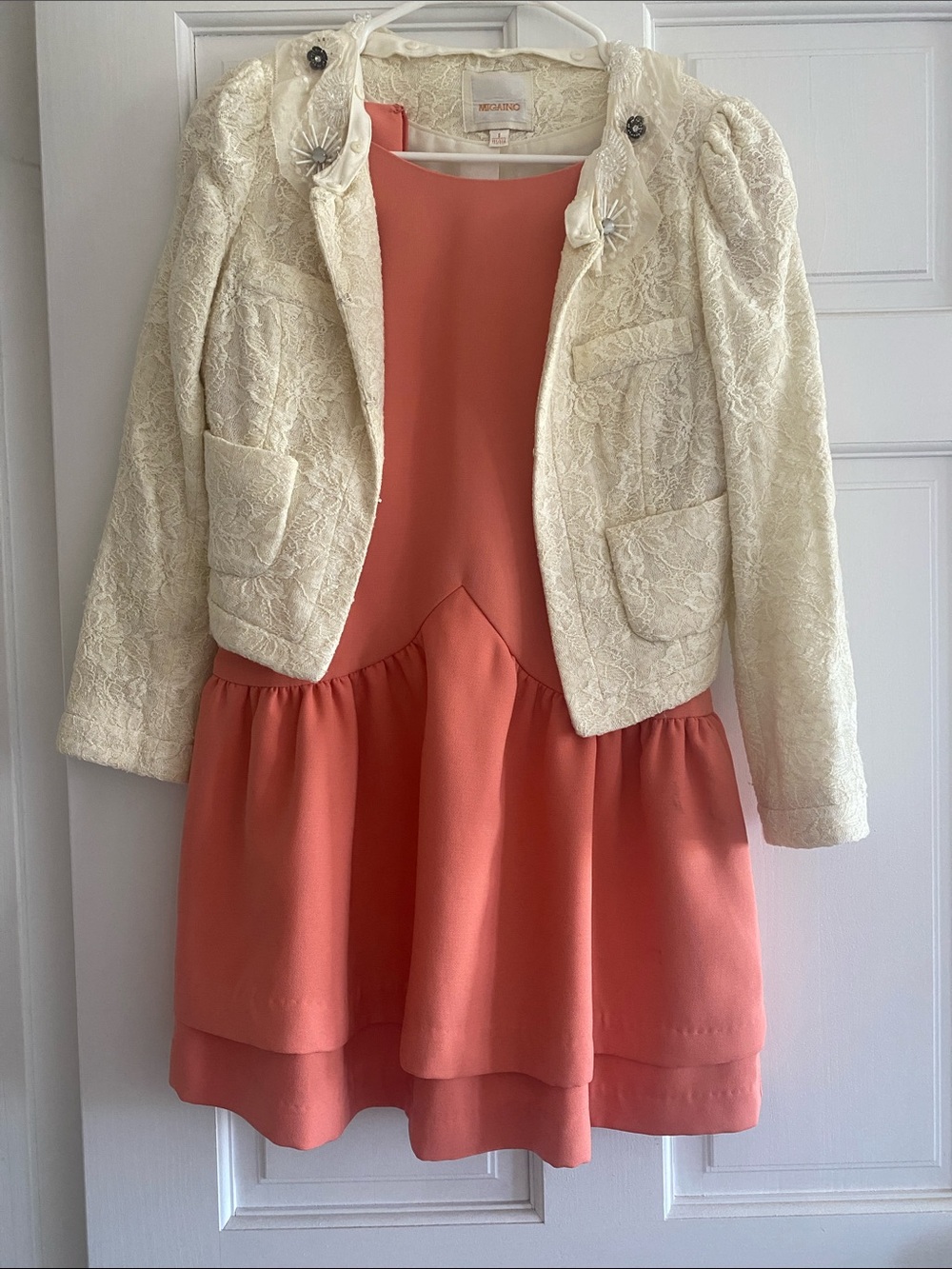 Ivanka Trump Cream Lace Blazer with Coral Dress Styling